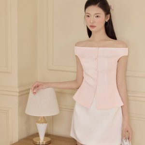 Áo Kiểu Trễ Vai 1 Hàng Cúc. Áo Trễ Vai Ôm Eo Xoè Hông Che Khuyết Điểm, Áo Kiểu Phong Cách Thanh Lịch