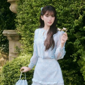 Set Áo Xuân Hè Cổ Tròn Phối Bèo Dọc. Chân Váy Xuân Hè Dáng A Ngắn 2 Tầng Bèo Set Voan Tiểu Thư
