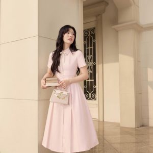 Đầm Cổ Đức Xếp Ly Dài. Đầm Sơ Mi Nữ Dáng Dài Thanh Lịch, Váy Dài Dáng A Công Sở Xếp Ly Dáng Dài Nữ Tính